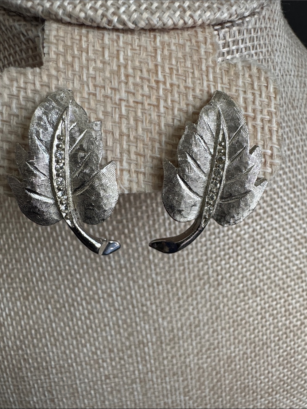 VTG Signed Charel Silver-tone Leaf Rhinestone Clip-on earrings 1950s